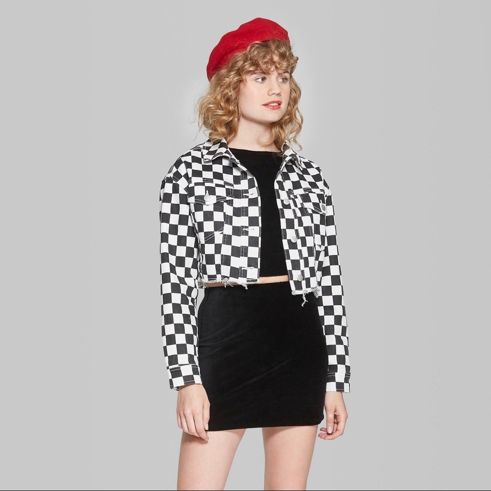 checkered cropped denim jacket.
